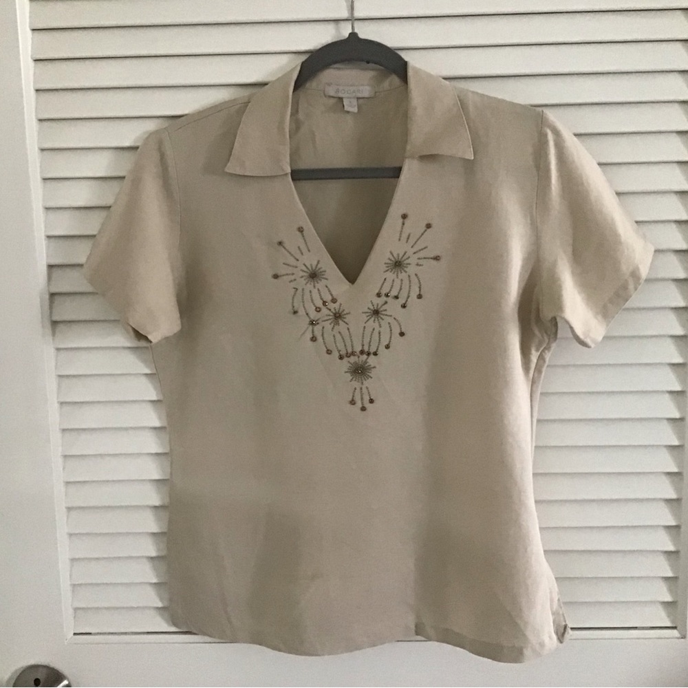 Linen embellished with topaz beads short sleeved shirt